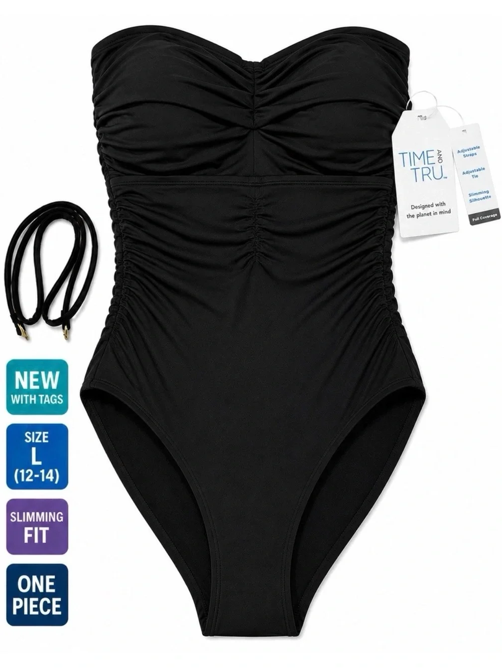 Time And Tru One Piece Swimsuit Women’s Large 12-14 Black Slimming NWT